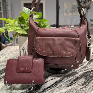 🔥Fossil Set🔥 Dark Burgundy Genuine Leather Hobo Shoulder Bag w/Wallet